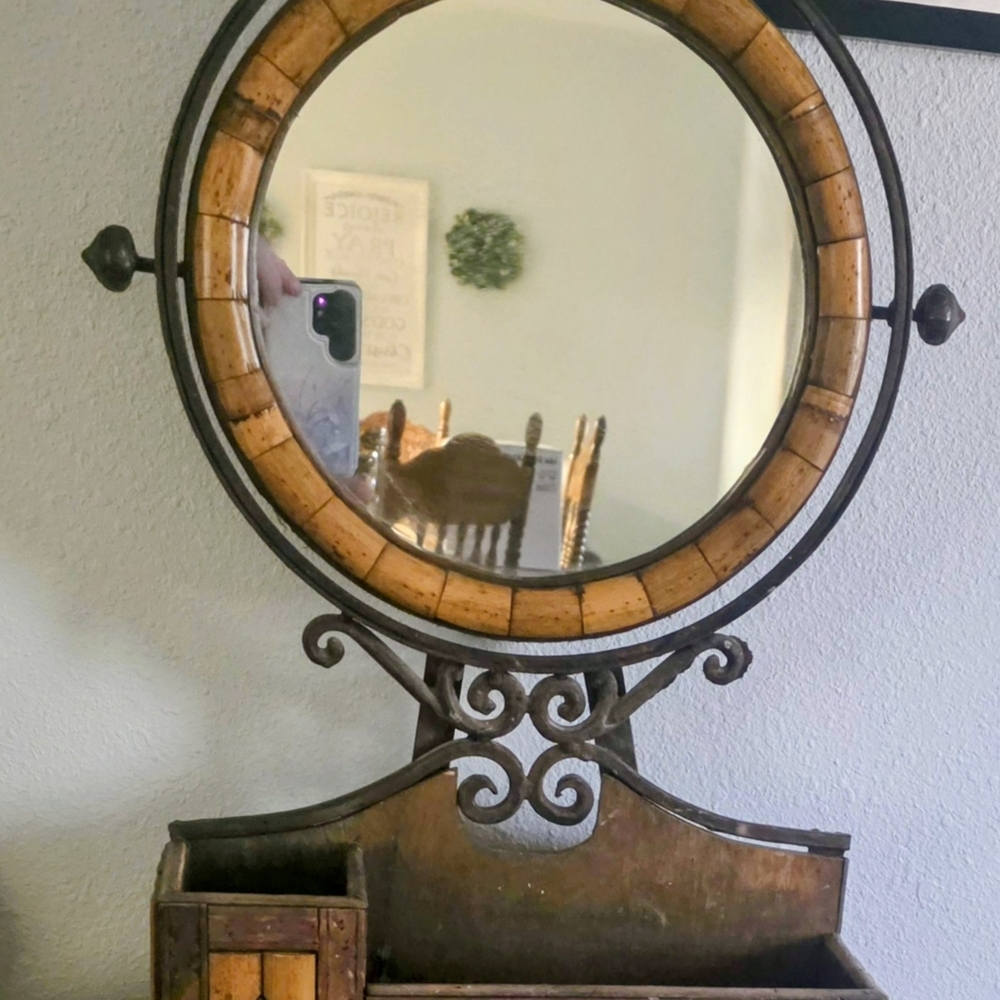 Antique Cast Iron & handcut Bamboo 21.5" Vanity Mirror w Open Cosmetic Holders